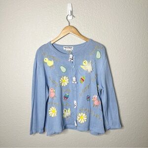 Jack B Quick Blue Easter Cardigan Sweater Womens Embroidered Chicks Eggs Spring